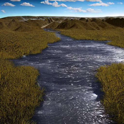 Image similar to water dripping up from a river into the blue sunny sky, desolate land, hyper detailed photorealistic