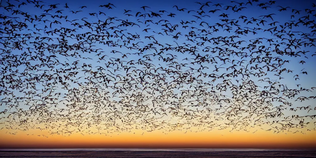 Prompt: at dawn a flock of seagulls takes flight from the beach, early morning light, sunrise, dramatic lighting, cinematic