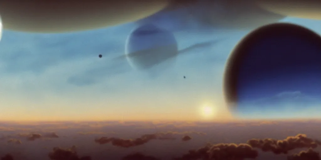 Image similar to blue dreamy cloudscape with a single planet in the clouds, ringed planet, daylight, cinematic lighting, cinematic perspective, syd mead, john harris, federico pelat,