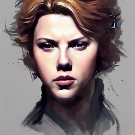 Prompt: old solid snake played by by mature scarlett johansson, face portrait, hd shot, digital portrait, elegant, beautiful, fantasy art, artstation, comic style, by artgerm, guy denning, jakub rozalski, magali villeneuve and charlie bowater