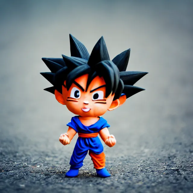 Prompt: goku chibi cute made of clay, full body, hyper detailed, 3 5 mm, f 1. 2, city background, bokeh