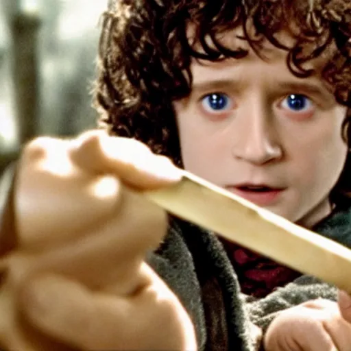 Prompt: frodo baggins buying a magic wand in harry potter movie