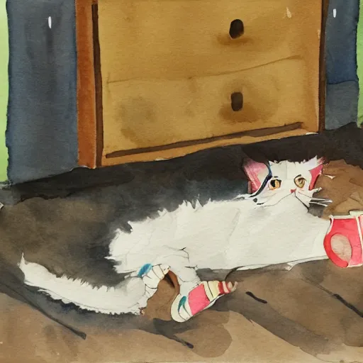 Image similar to a girl is lying on the bed and playing with her mobile phone, a ragdoll cat is lying on the side, watercolor painting