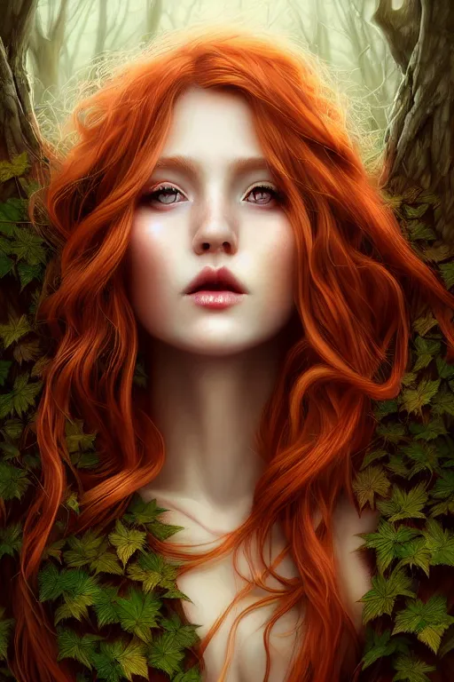 Prompt: artistic portrait of an innocent dryad, wearing japanese maple leaf body suit, perfect fit body, long strawberry blonde hair, beautiful eyes and lips, dead tree stump, winter setting, art by artgerm and wlop and brom, highly detailed, 8 k, cinematic, mist, digital painting, sharp focus, illustration, masterpiece