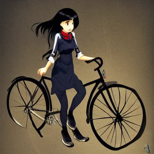 Image similar to girl black hair tail dark skin with old bicycle by Hayao Miyasaki trending on artstation