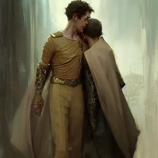 Image similar to attractive fully clothed king confesses his love for his attractive fully clothed male prince. highly detailed painting by craig mullins, tom bagshaw,