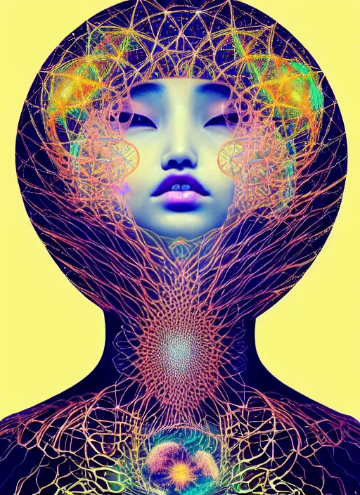 Prompt: ridiculously beautiful young asian woman tripping, energy fractals radiating from head with sacred geometry, cosmic, natural, awakening, symmetrical, in the style of ernst haeckel, effervescent, warm, photo realistic, epic and cinematic