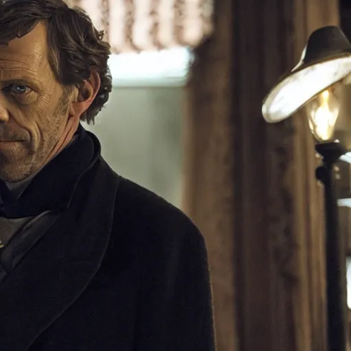 Prompt: Hugh Laurie as Sherlock Holmes, movie still frame, cinematic lighting