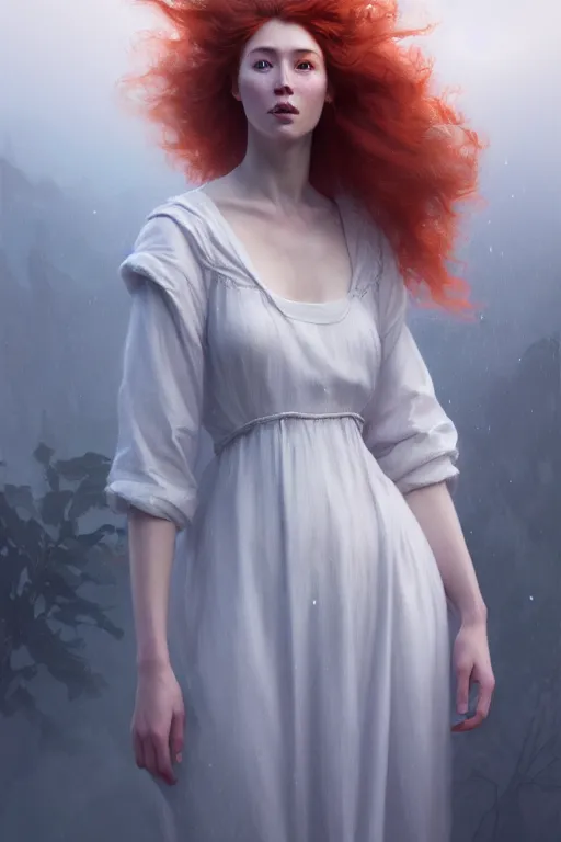 Image similar to portrait of a beautiful nordic woman, curly red hair, wearing a white dress, extremely detailed digital painting, in the style of fenghua zhong and ruan jia and jeremy lipking and peter mohrbacher, mystical colors, rim light, beautiful lighting, 8 k, stunning scene, raytracing, octane, trending on artstation