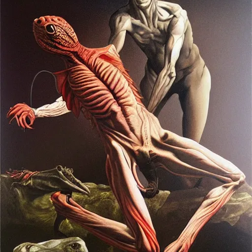 Image similar to portrait of a lizard man removing human skin. Artwork by Caravaggio and by Wayne Barlowe by alexander gierymski