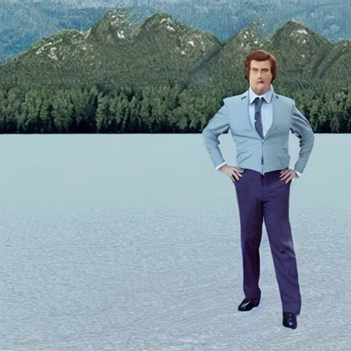 Prompt: Realistic image: Ron Burgundy standing near a lake