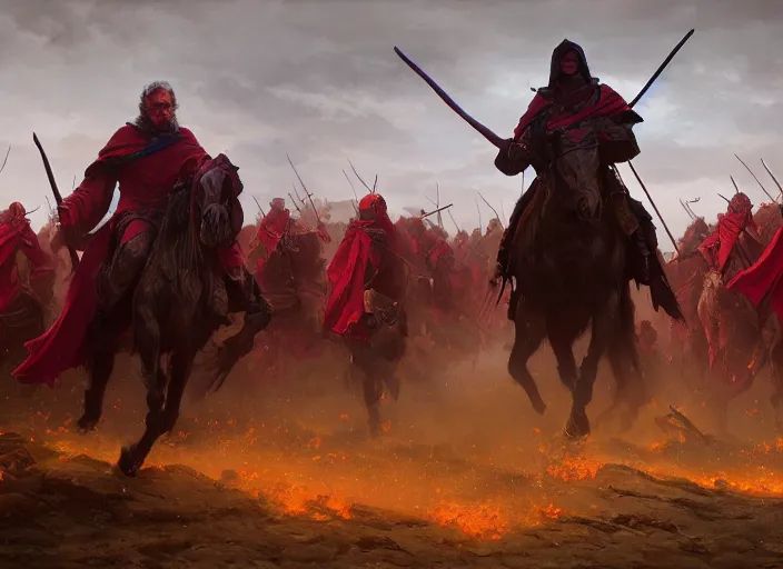 Image similar to cinematic wide shot of a mysterious old man with a staff and purple robes standing defiantly in front of an enemy cavalry charge of warriors wearing red armor by Greg Rutkowski, 4k, masterpiece