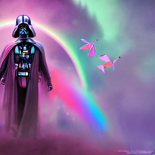 Image similar to beautiful matte painting, rainbow colored pink pink darth vader wearing pink wearing pink, riding a unicorn, riding a unicorn, riding a one-horned unicorn over a glittering rainbow, in psychedelic space, by lisa frank and dan mumford, octane render, HDR, vivid color, volumetric lighting, unreal engine, concept art, CGsociety, trending on artstation