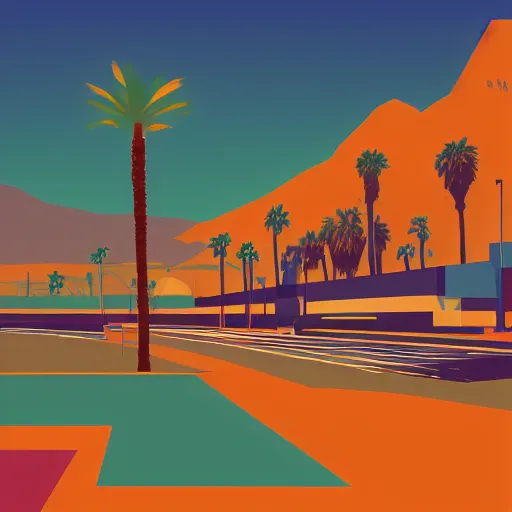 Image similar to a beautiful illustration of palm springs by James gilleard, artstation HD, geometric lines, olive and tangerine colors, HD, 4k, 8k