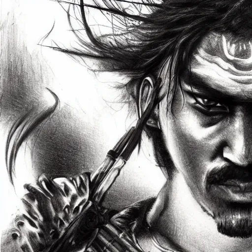 Image similar to Kurdish samurai, detailed charcoal sketch, realistic, incredibly detailed, award winning art, cinematic, extremely high detail, concept art