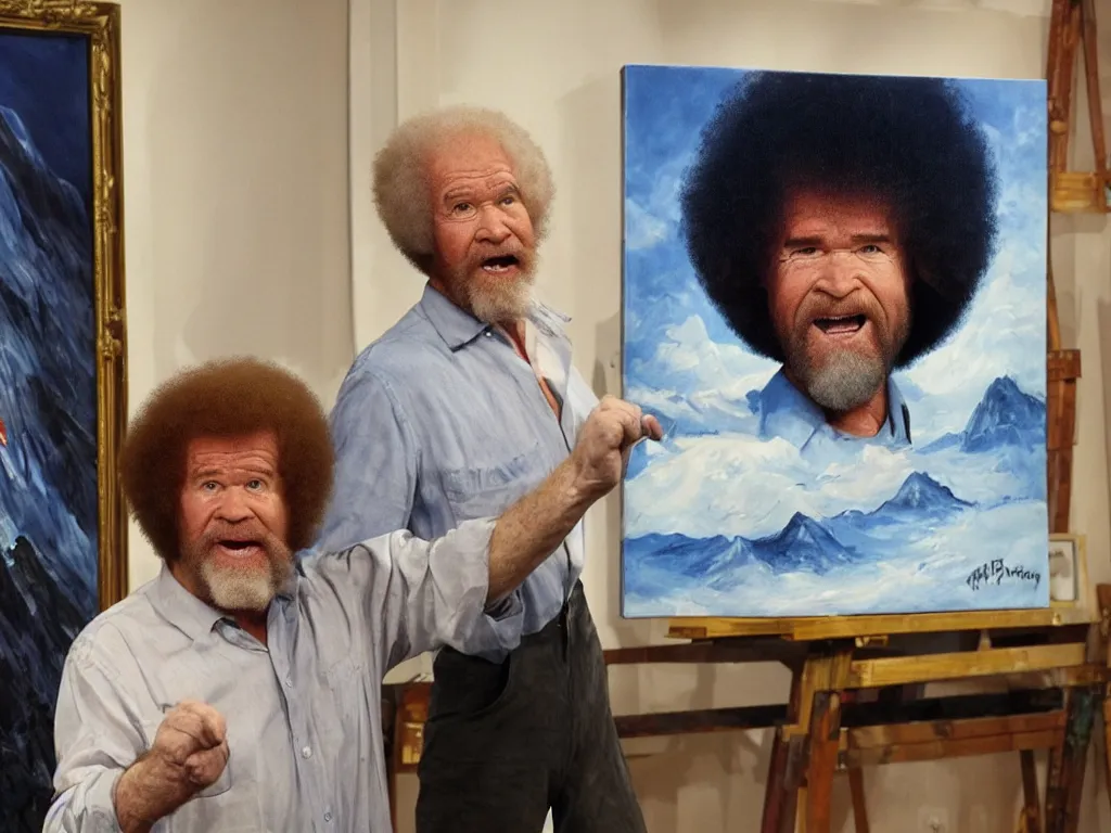 Image similar to old bob ross is sad and angry and yelling at a huge painting by bob ross