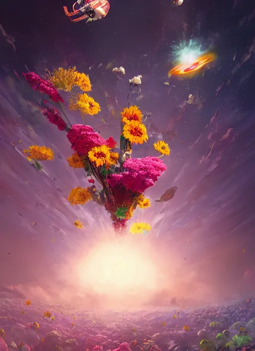 Image similar to An epic fantastic realism comic book style painting of the most beautiful flowers launched into space, bouquets, fisheye lens, unreal 5, DAZ, hyperrealistic, light burst, octane render, dynamic lighting