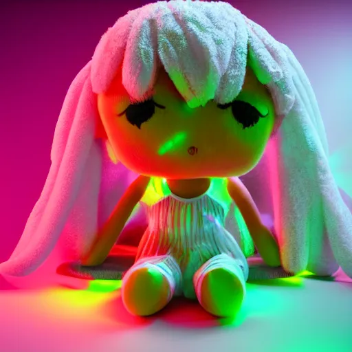 Image similar to cute fumo plush girl who is photoluminescent, jelly glow, neon lens flare, vray