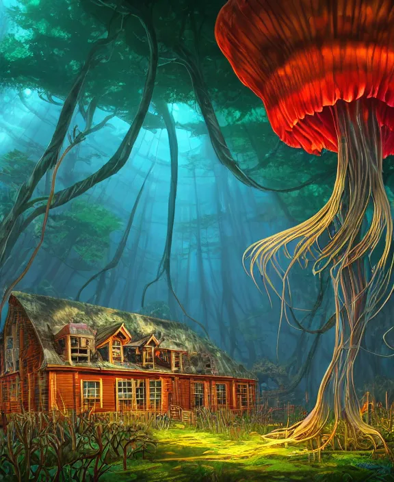 Image similar to an enormous schoolhouse made from jellyfish, overgrown with huge colorful exotic fungus, deep in the woods, noon, sun drenched, partly cloudy, by dan mumford, yusuke murata, makoto shinkai, ross tran, cinematic, unreal engine, cel shaded, featured on artstation, pixiv