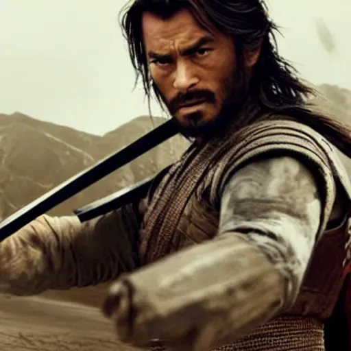 Image similar to handsome and strong kurdish samurai wielding a katana in a movie directed by christopher nolan, movie still frame, promotional image, imax 7 0 mm footage, perfect symmetrical facial features