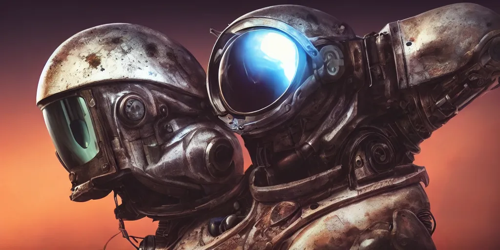 Prompt: a closeup of a futuristic alien robot helmet on mars, front view, the apocalyptic planet is seen reflecting in his viewfinder, well - detailed outfit, cyberpunk, fallout 5, impressive lighting, deep colors, apocalyptic setting