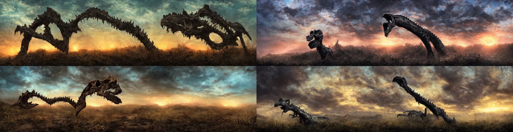 Prompt: moody sunset backlight dinosaur skull ribcage remains , damaged vine bridge , cyan mist , dramatic sky , heavy textured detailed gritty oil painting by Frazetta 8k