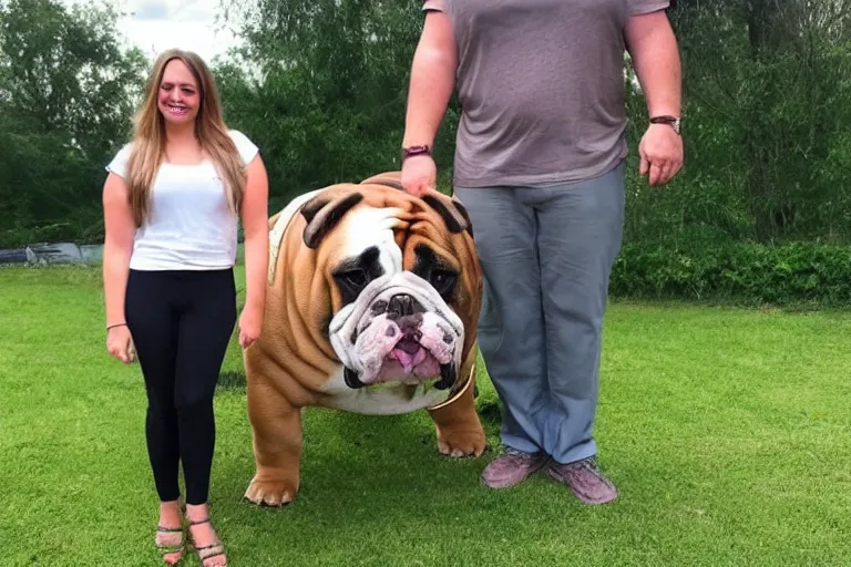 Prompt: a realistic person standing next to a giant bulldog and the bulldog is five times taller then the person