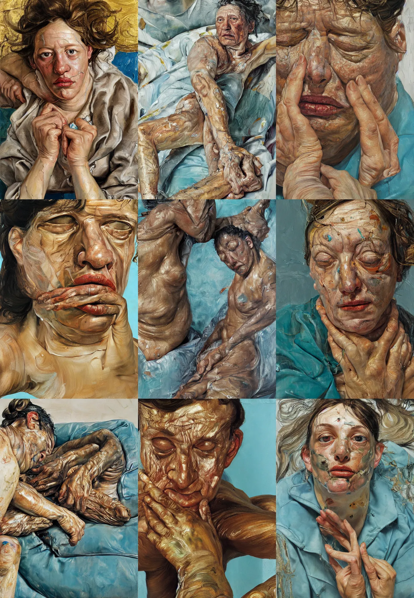 Image similar to high quality high detail painting by lucian freud and jenny saville, hd, golden eal, turquoise