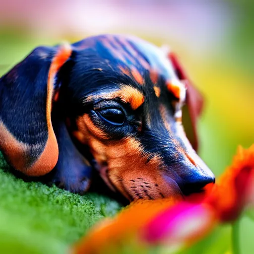 Prompt: macro photograph of a very tiny Dachshund sleeping on the flower, Nikon D810, award-winning, bokeh,