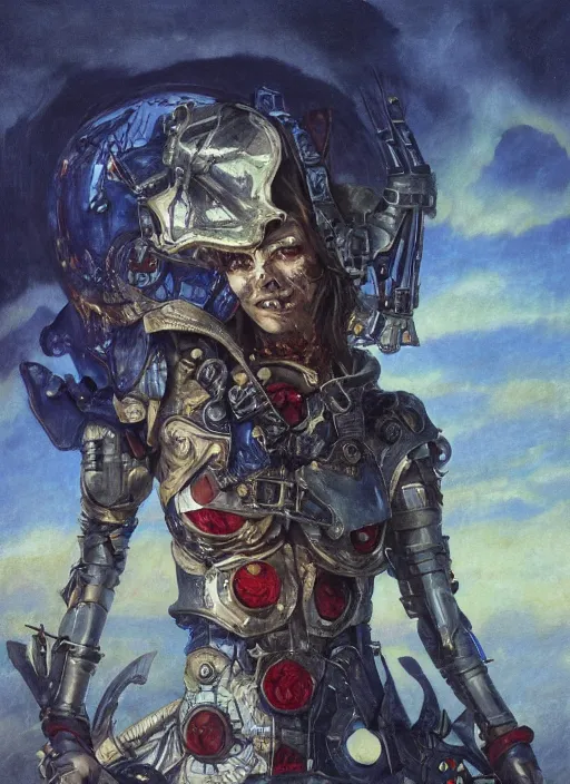 Image similar to dynamic! closeup biblical diabolical pirate! cyborg girl! stylish armor, heavy eyes to the side, closeup, bright glowing eyes, in clouds, rain, sunset, portrait, by gerald brom, by mikhail vrubel, by peter elson, muted colors, extreme detail, mirrors, trending on artstation, 8 k