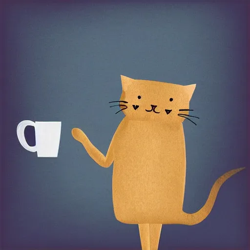 Image similar to cat standing thinking in existence with a cup in the hand, digital art, trending on arstation