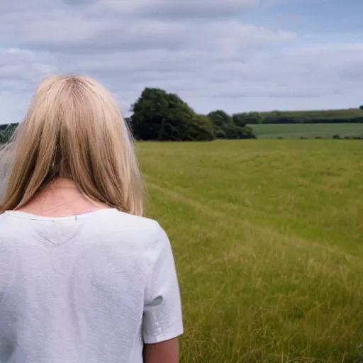 Prompt: blond woman looking off into distance staring at chalk outlines in a pastoral British countryside