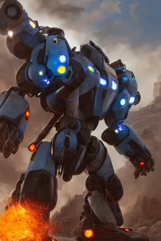 Image similar to mechwarrior 5 : mercenaries mech megaman transformer robot boss tank engine game octane render, 4 k, hd 2 0 2 2 3 d cgi rtx hdr style chrome reflexion glow fanart, global illumination ray tracing hdr fanart arstation by ian pesty by jesper ejsing pixar and disney unreal zbrush central hardmesh