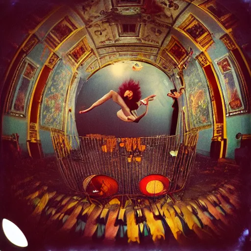 Image similar to kodak portra 4 0 0, wetplate, 8 mm extreme fisheye, photo of a surreal artsy dream scene, circus, grotesque, portrait