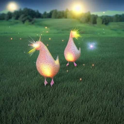 Image similar to magical sparkling chickens frolicking in a field, photorealistic, hyperrealistic, 8 k