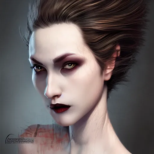 Prompt: a realistic head and shoulder professional portrait of a female vampire, painted, interesting color use, vampire fashion, highly detailed, melancholy, trending on cgsociety