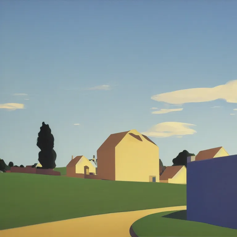 Image similar to dreaming futuristic rural landscape with modern houses, painted by Alex Katz, painted by Edward Hopper, airbrush