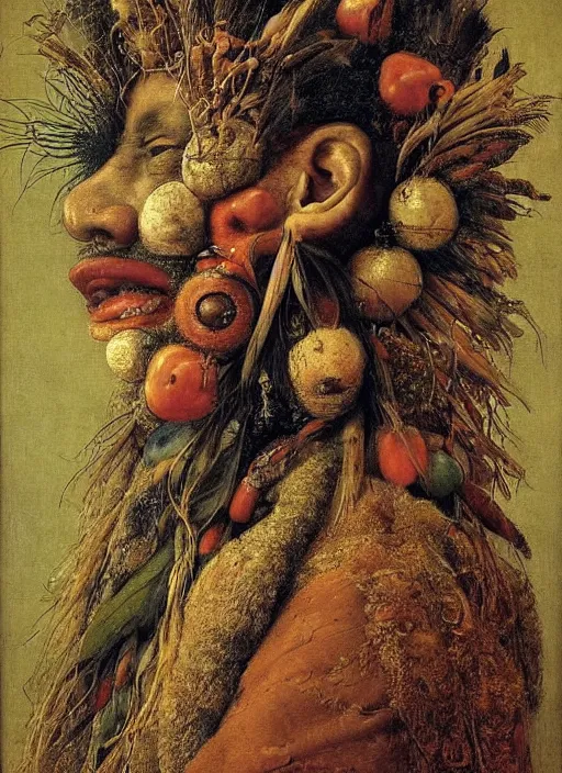 Image similar to a surreal painting of a shaman's profile face, by Giuseppe Arcimboldo, symbolist, soft colors, dramatic lighting, smooth, sharp focus, extremely detailed, aesthetically pleasing composition