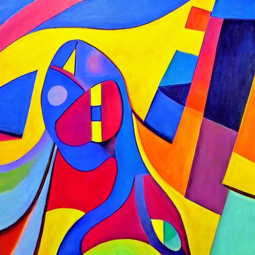 Prompt: woman watches the fast flowing river and gathers the colors, sounds and dreams of her community, abstract art in the style of cubism and georgia o keefe,