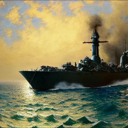 Image similar to detailed cinematic wide shot of world war 2 battleship, ultra realistic, spring light, painting by gaston bussiere, craig mullins, j. c. leyendecker