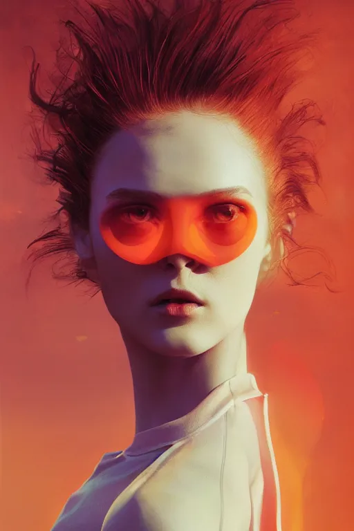 Image similar to 3 d, sci - fi, morning, fashion model face, sun, cinematic, lightning, clouds, vogue cover style, stanley kubrick, light red and orange mood, realistic painting, intricate oil painting, high detail, figurative art, multiple exposure, poster art, 3 d, by tooth wu and wlop and beeple and greg rutkowski