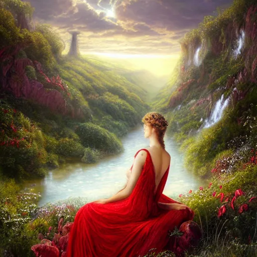 Image similar to an elegant fairy queen in a red lace dress sitting and looking out at a lord of the rings scenery landscape, vast lush valley flowers and giant mushroom structures, river, sunrise, god's rays highly detailed, vivid colour, soft clouds, floral sunset, cinematic lighting, perfect composition, 8 k, gustave dore, derek zabrocki, greg rutkowski, belsinski