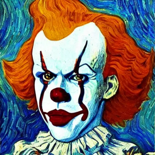 Prompt: pennywise painted by Vincent Van Gogh