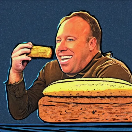 Image similar to alex jones eating a huge twinkie, woodcut,