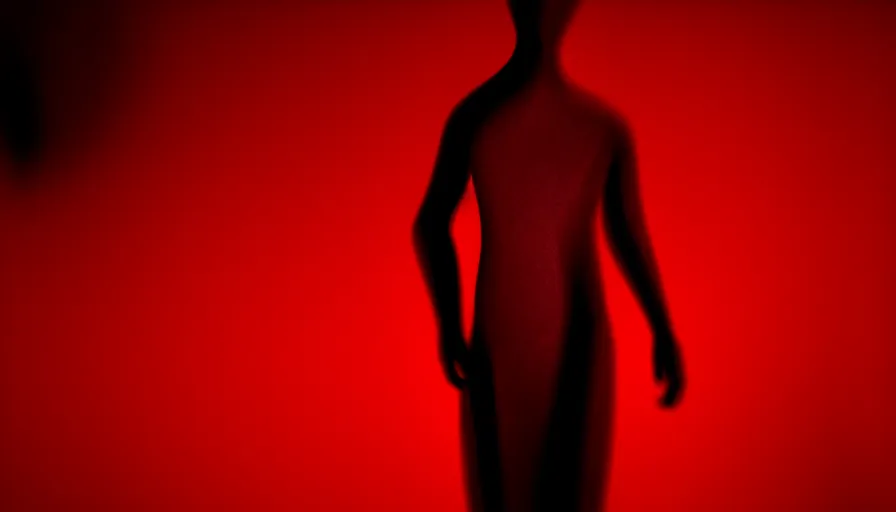 Image similar to enigmatic figure wrapped in red sheet in darkness, high contrast, hard light, digital art, rendering, cloth simulation, redshift