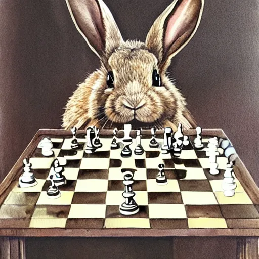 Image similar to a rabbit playing chess, seen from the opponents point of view, watercolour realism