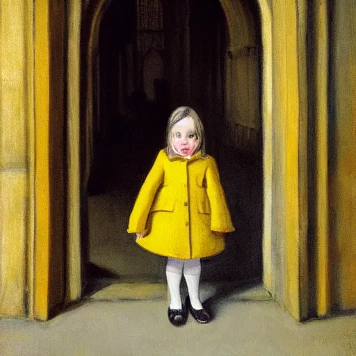 Prompt: a painting of a little girl with short black hair and wearing a yellow coat alone in the middle of a cloister in an abbey by hopper