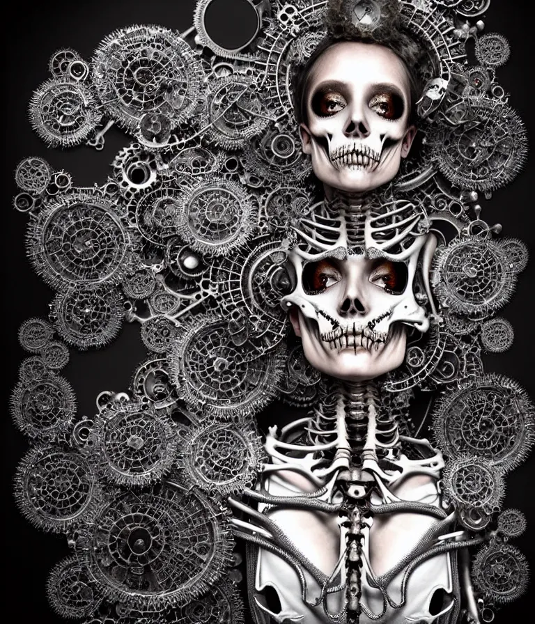 Image similar to highly detailed photo portrait of complex bio-mechanical beautiful young female undead skeletal cyborg with a Mandelbrot fractal steampunk metal fine lace face, retrofuturistic depressing hopeless horrific vibe, radiating dark energy aura, curled silver hair and a fine metal floral foliage super big lace collar by Alexander McQueen:: high fashion, haute couture, rococo, steampunk, silver filigree details, anatomical, facial muscles, cable wires, microchip, elegant, hyper realistic, 150 mm lens, soft rim light, octane render, unreal engine, volumetric lighting, 8k, muted reflective metallic coloring, sharp focus