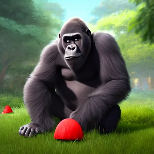 Image similar to a wholesome animation key shot of a gorilla holding a very small red mushroom, chilled out smirk on face, studio ghibli, pixar and disney animation, sharp, rendered in unreal engine 5, anime key art by greg rutkowski, bloom, dramatic lighting