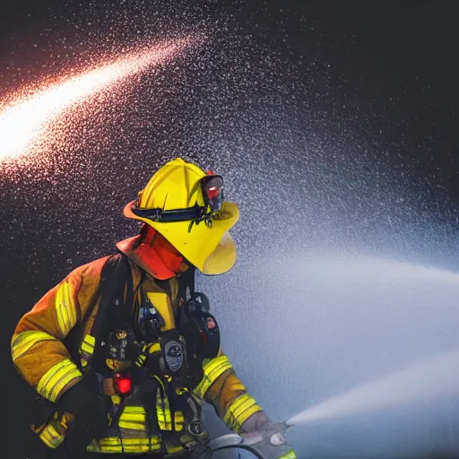 Prompt: photo of a firefighter using a flamethrower projecting a long bright flame. award-winning, highly-detailed